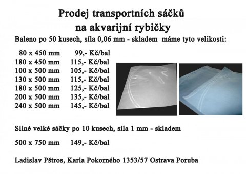 Prodej transportních sáčků na rybičky pro akvaristy v Ostravě
